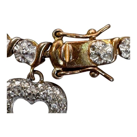 Vintage Sterling Silver Vermeil and Diamond Chip Tennis Bracelet Heart Charm 7" - Picture 8 of 8